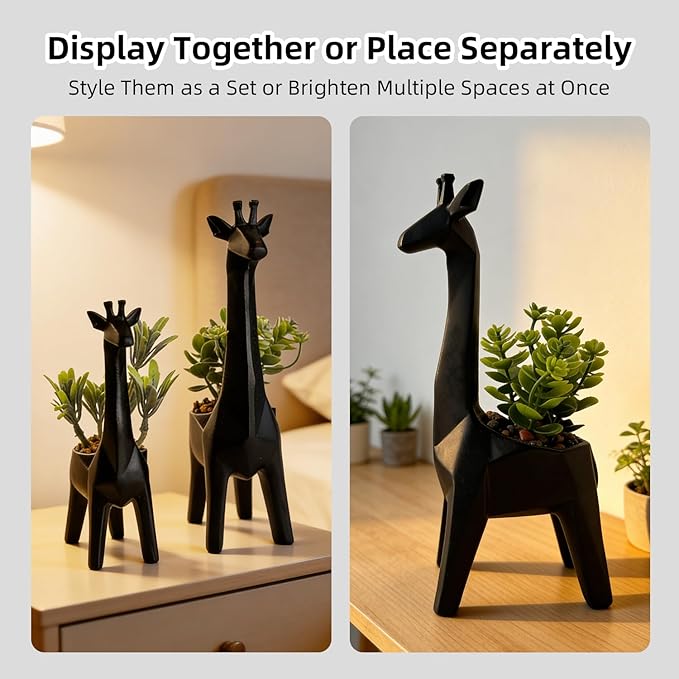 Ordbuum 2PCS Black Mini Succulents Plants Artificial with Giraffe Shaped Pots,Small Indoor Fakeplants for Shelves and Bathroom, Mini Desk Plants for Office