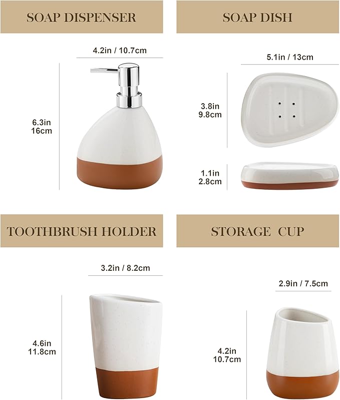 MALACASA Bathroom Accessories Sets 4 Pcs, Cream Soap Dispenser and Farmhouse Toothbrush Holder, Soap Dish with Storage Cup, Durable Ceramic Bathroom Decor for Morden Apartment, Ceram Color