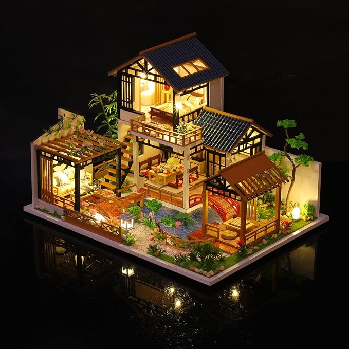 GuDoQi DIY Miniature Dollhouse Kit, Tiny House kit with Furniture, Miniature House Kit 1:24 Scale, Great Handmade Crafts Gift for Birthday Christmas Day, Villa with Courtyard