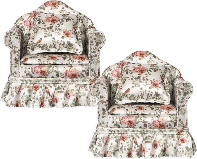 iLAND Dollhouse Furniture of Miniature Couch The Great Doll House Furniture Set for 1/12 Accessories, Elegant Rose and Birds Pleated Single Sofas 2 Pcs Customized Fabric and Amazing Handiwork