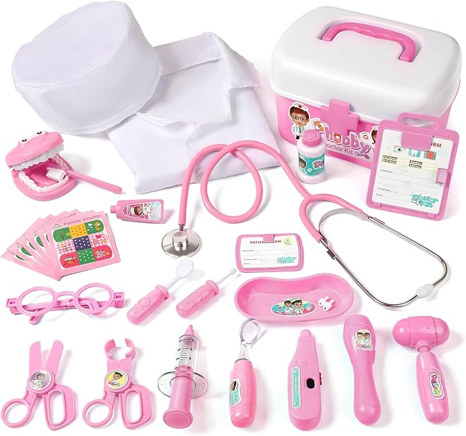 Phobby Durable Doctor Kit for Kids, 27 Pcs Deluxe Pretend Play Set Medical Toy with Real Stethoscope for Toddlers Boys Girls Birthday Gift Aged 3 4 5 6 7 8(Pink)