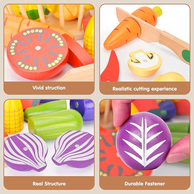 Victostar Magnetic Wooden Cutting Fruits Vegetables Food Play Toy Set with Basket for Kids