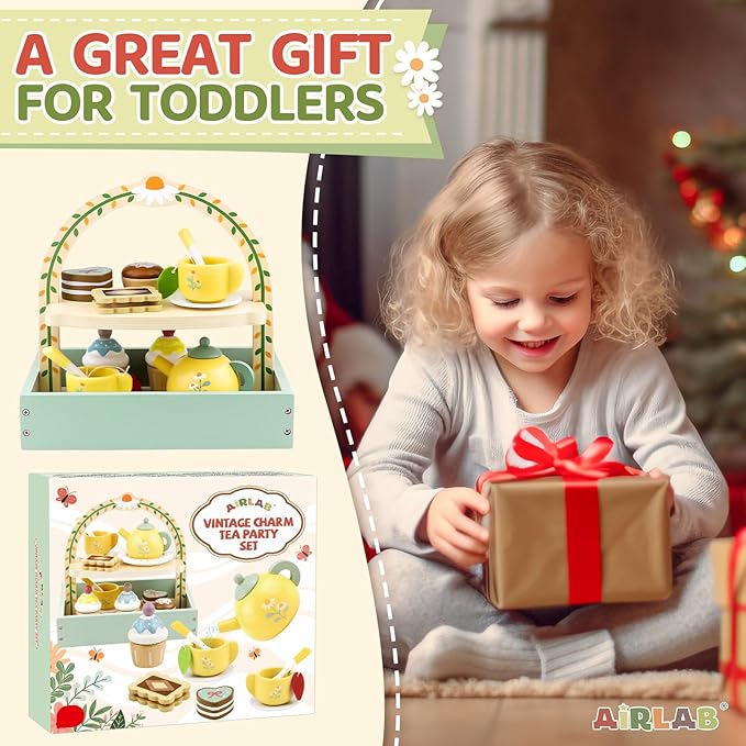 Wooden Tea Sets for Little Girls Play Food Cake Toys Toddlers 3-5 Kitchen Accessories Pretend Play Princess Playset for 3 4 5 6 Year Old Girl Boy Party Birthday Gift