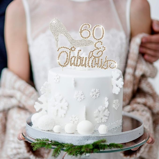 LINGTEER 60 Fabulous Silver High Heel Rhinestone Crystal Cake Topper Perfect for 60th Birthday Anniversary Party Keepsake Sparkle Decoration