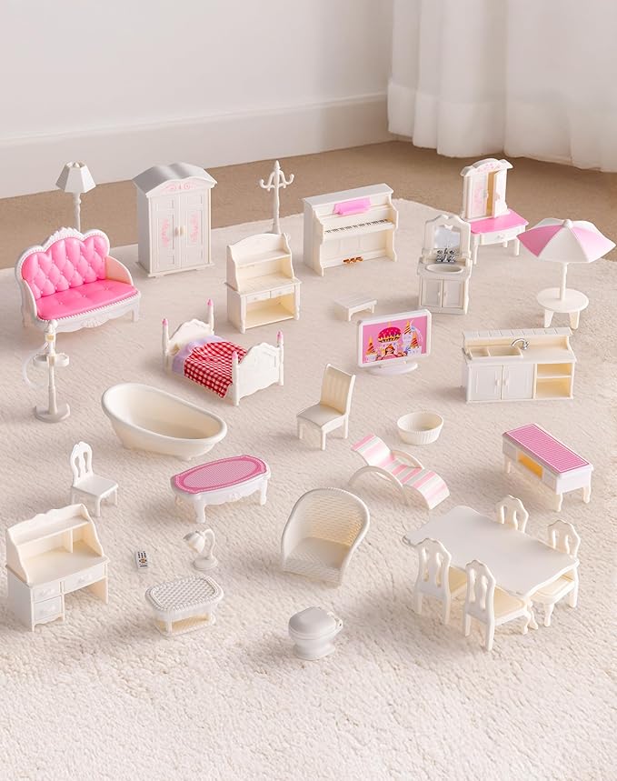 ROBOTIME 28PCS Dollhouse Furniture and Accessories Set, 1:12 Scale Doll House Mini Furniture Playset with Bedroom, Living Room, Bathroom Accessories, Pretend Play Furniture Toys Gift for Kids Girls