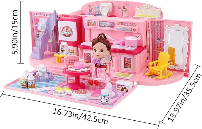 deAO Doll Houses Portable Backpack for Girls with Doll Toy House with Light and Music Baby Dollhouse Furniture for 3 to 8 Years Olds Toddler Kids