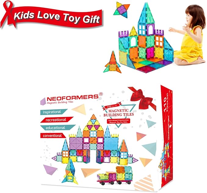 Magnetic Tiles Car Set Truck Kit Toy with Stronger Magnets, Educational Magnet Cars with Re-Enforced Hitch and Long Bed for Girls Boys Toddler Ages 3+ (110 PCS Set)