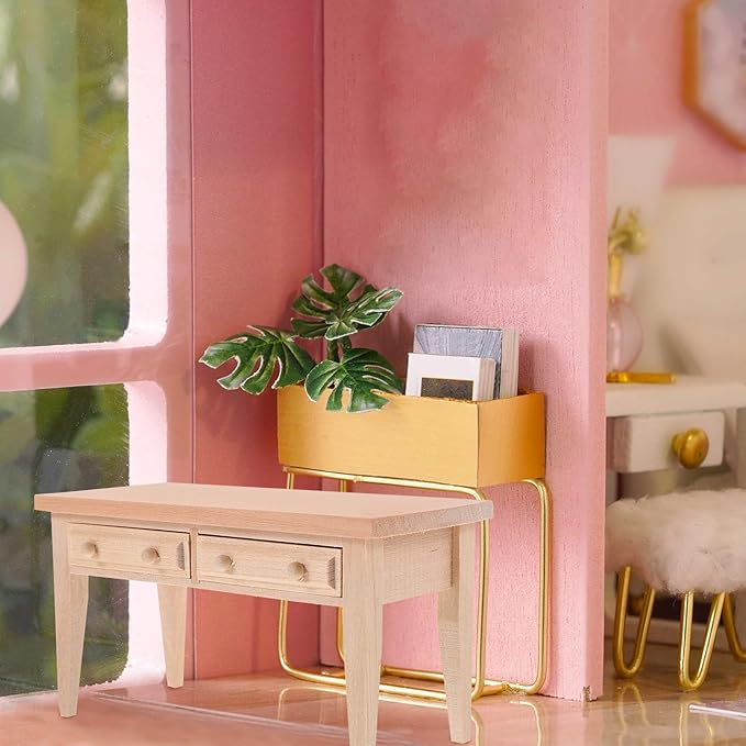 Wooden Dollhouse Furniture: Dolls Table & Chair Furniture Set Living Room Miniature Desk Chair for Mini House Accessories
