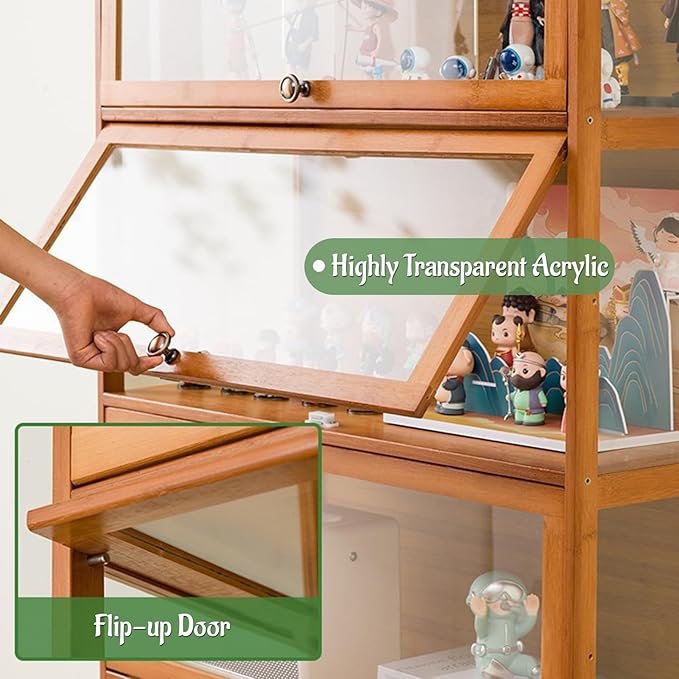 Curio Display Cabinet with Acrylic Doors for Collectibles Small Curio Cabinet 4 Tier 3 Tier Figures Display Case Toys Display Shelves Vitrina Storage Cabinet,Brown,3 Tier_Flip Up Door