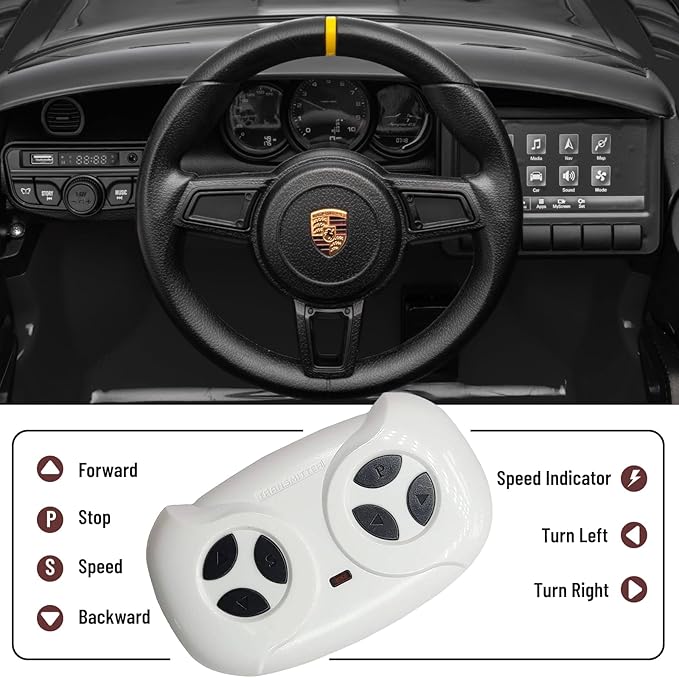 12V Ride on Car Licensed Porsche 718, Kids Electric Car with Remote Control, Front/Rear LED Light, Radio, USB/AUX, Openable Doors, Suspension Function, Durable Tires (Black)