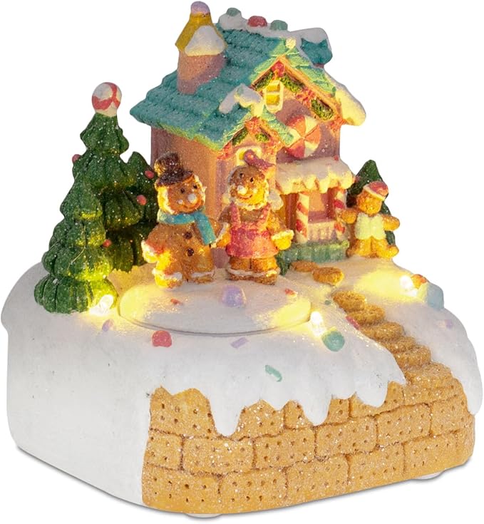 innodept12 Animated Gingerbread House Christmas Decoration – Pre-Lit Musical Resin Village Figurine with Rotating Gingerbread Characters and LED Lights for Indoor Holiday Tabletop Display