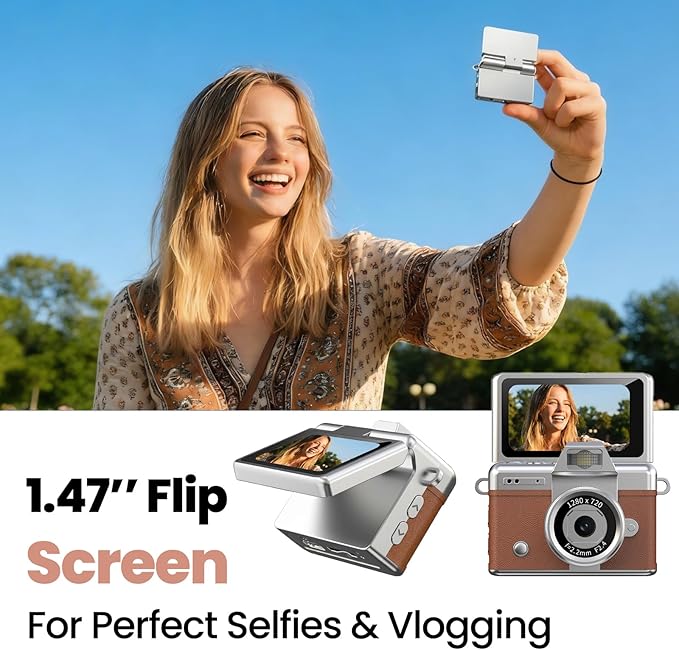 Mini Keychain Camera, 2K Retro Digital Camera with 1.47‘’ Flip Screen & Built-in Flash for Selfies - Includes 32GB SD Card, Strap - Perfect for Travel, Concert, Vlogging