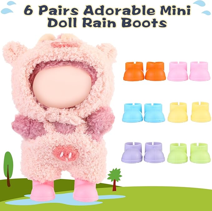 6 Pairs Cute Doll Shoes for 17cm Dolls Mini Rain Boots Fit Perfectly on 15cm/17cm Standing Sitting Series Multi Color Plastic Boots Cute Clothes Accessories (Multicolor)
