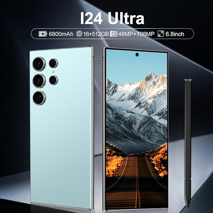 BAOWU I24 Ultra 5G Unlocked Phones, Built in Pen, Smartphone Battery 6800mAh 6.8" HD Screen Unlocked Cell Phone, 16+512GB Android14 with 128G Memory Card, Face ID/Fingerprint Lock/GPS (Cyan)