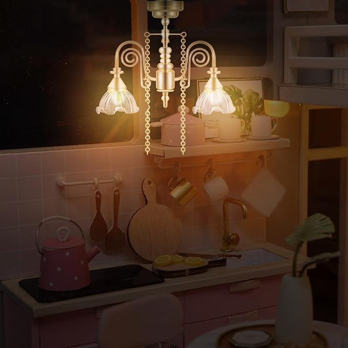 Toyvian Miniature Dollhouse Chandelier: 1/12 Scale Dollhouse Ceiling Lamp Led Battery Operated, Chrystaline Miniature Lamp for Doll House Decoration Accessories