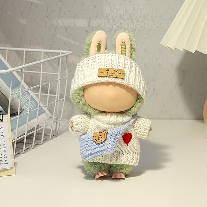 Clothes for LABUBU Doll (NO Doll), Handcrafted Crochet 3-Piece Accessories for LABUBU 17cm Dolls, Premium Outfit - Heart Sweater + Hat + Bag, Cute Clothes for Dress up Unique Style (White)