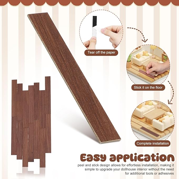 TOYANDONA 40pcs Miniature Dollhouse Flooring, Mini Dollhouse Floor Boards Self Adhesive Dollhouse Wood Flooring Peel and Stick for Dollhouse Accessories (Cherry Brown)