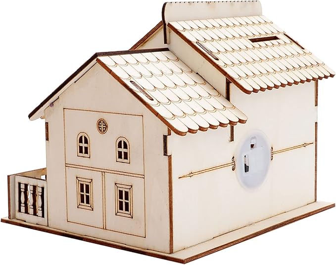 Buachois House Piggy Bank, 13 X 14 X 15cm Miniature Villa Coin Storage Box with Night Light, Wooden Money Bank House Model Dollhouse for Great Desktop Gift(#2)