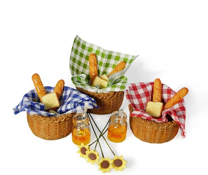 Miniature Food Dollhouse Accessories Garden Decor 1:12 Scale Bread Honey Picnic Basket Cloth Flowers 9PCS Garden Decoration Mini Room Display Props Model (Red Picnic Cloth)