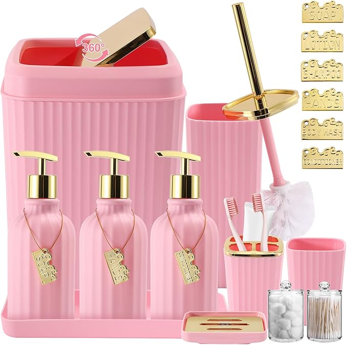 WSBArt 17PCS Bathroom Accessory Set Pink Bathroom Set Bathroom Accessories,Toilet Brush, Trash Can, Qtip Holder Dispenser& 3PCS Soap Dispenser