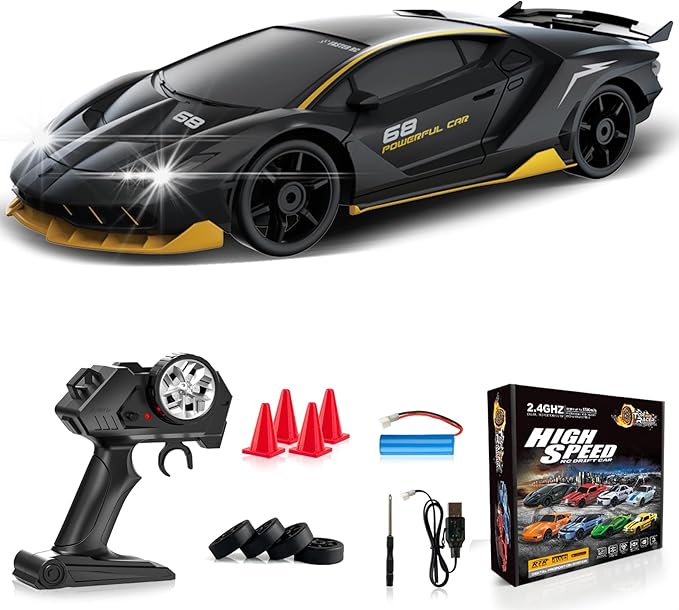RC Drift Car 1:24 Remote Control Car 4WD 15KM/H High Speed Racing Sport Car with LED Lights RC Cars Toy for Kids Boys Girls Adults Gifts Birthday Christmas Rechargeable Batteries (Black-1)