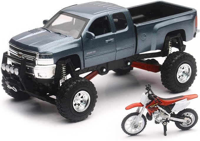 New-Ray Chevrolet 4x4 Gray Silverado Pickup Truck w/Working Suspension and Honda Dirt Bike