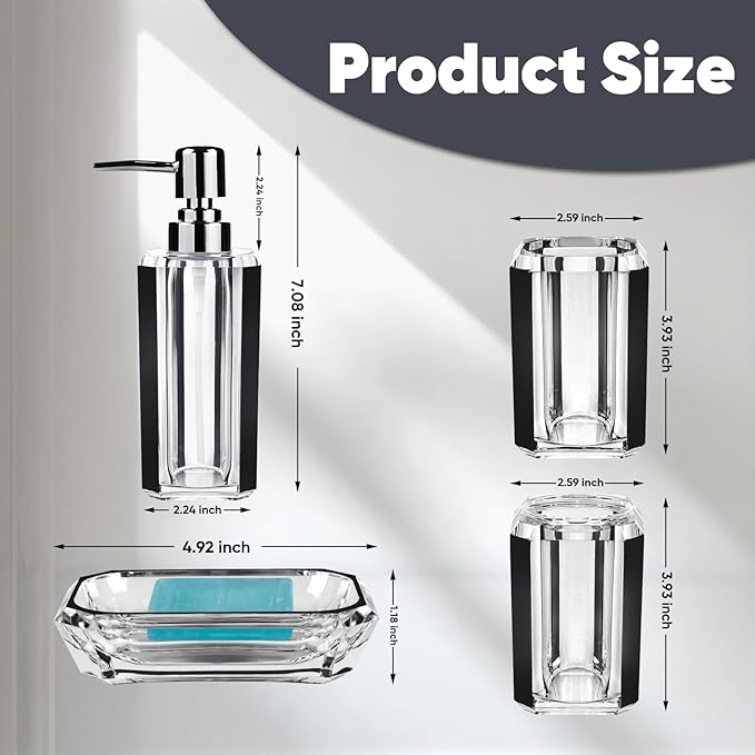 4 Piece Premium Acrylic Bathroom Accessory Set, Hand Sanitizer Bottle, Lotion Can Bathroom Suit, Separate Bottle Soap Box, Mouthwash Cup, Toothbrush Cup(Brushed Black)