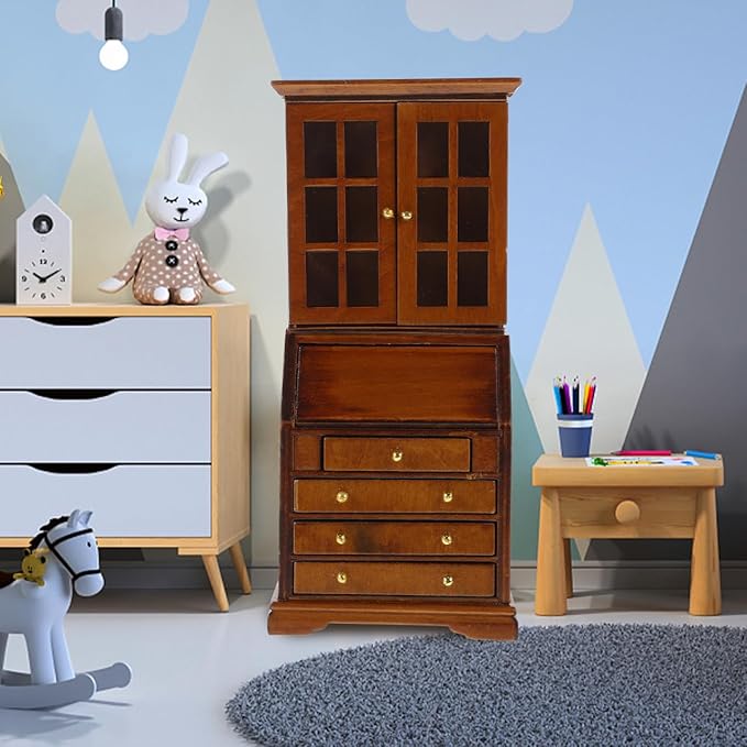 1:12 Scale Dollhouse Miniature Wooden Bookshelf Cabinet Mini Wood Drawer Cabinet Storage Shelves Furniture Cupboards for Dollhouse Accessories Mini Library Bedroom Decoration