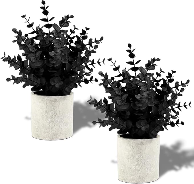 Coferset 2 Pack Black Fake Eucalyptus Small Fake Plants Potted Artificial Plants for Halloween Shelf Desk Home Farmhouse Room Coffee Table Decor Bathroom Decor (Black)
