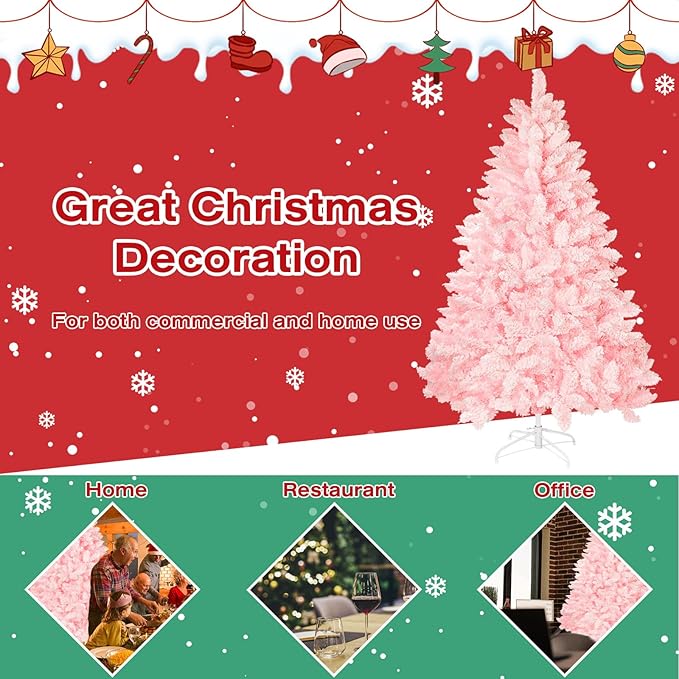 Incbruce 6ft Artificial Christmas Tree, Xmas Tree with 1,000 Branch Tips, Flocked Christmas Tree with Metal Stable Stand Base for Indoor and Outdoor Holiday Decoration(Pink)