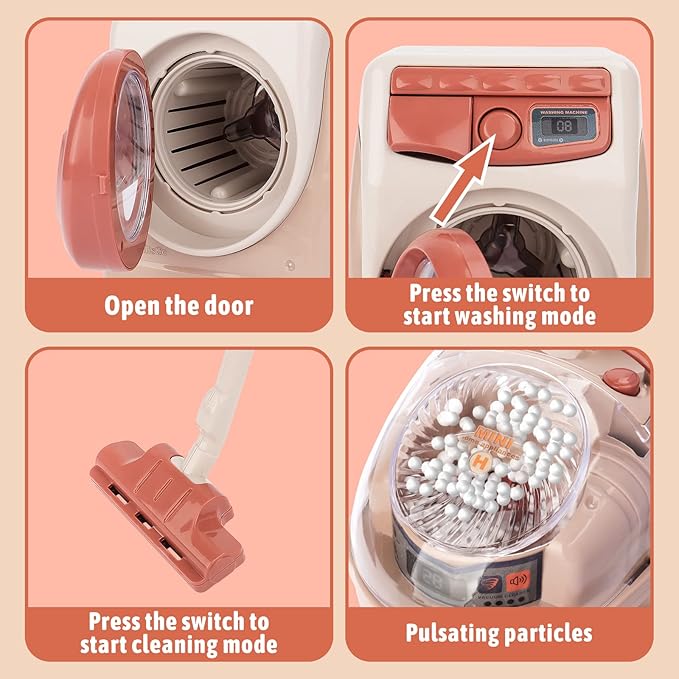 deAO Kids Toy Washing Machine & Vacuum Playset, Mini Washing Machine Laundry Set for Kids,Dollhouse Furniture Laundry Room Washer and Iron Set