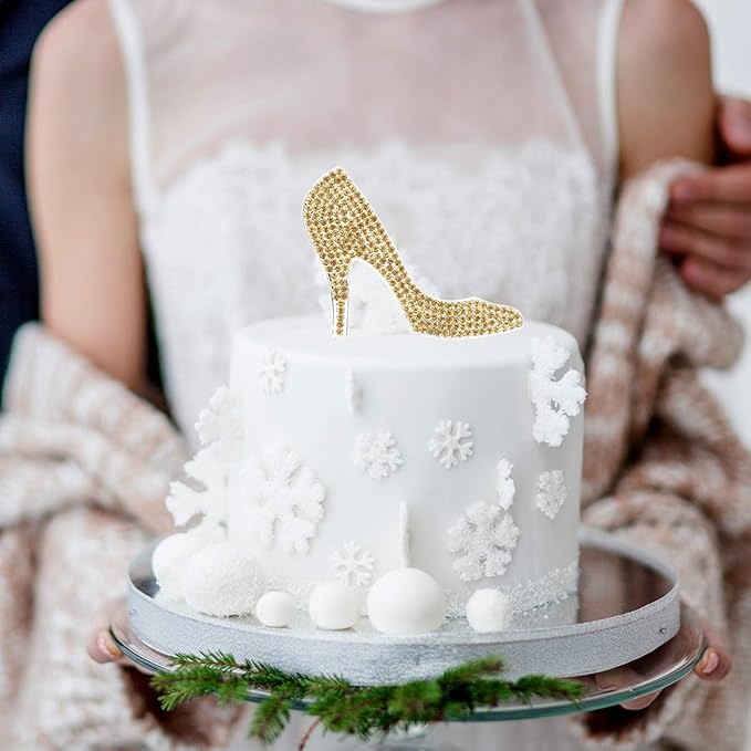 LINGTEER High Heel Gold Rhinestone Crystal Cake Topper Perfect for Birthday Wedding Anniversary Party Keepsake Sparkle Decoration