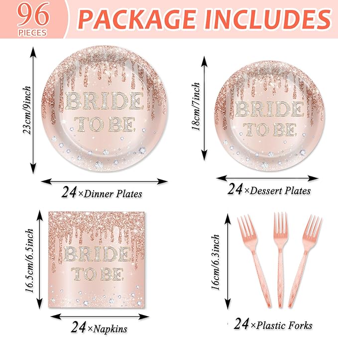 96Pcs Bridal Shower Party Decorations Rose Gold Themed Tableware Bride to Be Paper Plates Napkins Pink Bride to Be Dinnerware Party Supplies for Bachelorette Bridal Wedding Engagement Serves 24 Guests