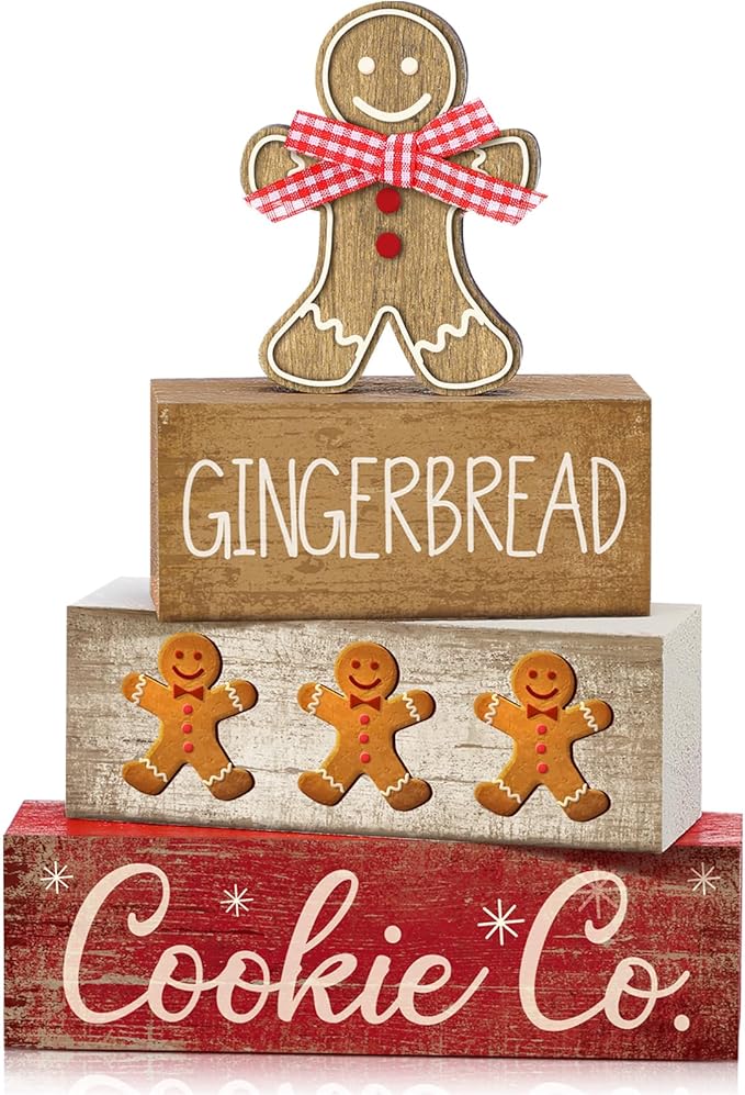 Moucuny 4 Pcs Christmas Table Decor Gingerbread Man Decoration Christmas Centerpiece Winter Tiered Tray Decor Rustic Gingerbread Block Signs Gift Winter Table Decoration for Xmas Party Kitchen Home
