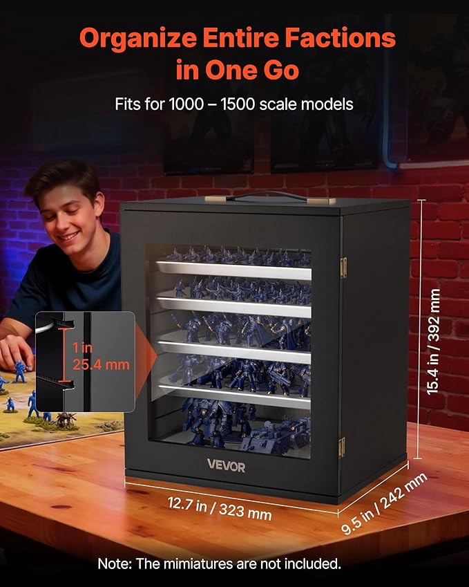 VEVOR Miniatures Storage Case, Fits for 1:1000-1:1500 Scale Models, Wooden Miniatures Display Holder with 5 Tray & 11 Slots, Clear View Miniature Transport Case for Collectibles (Minis Not Included)