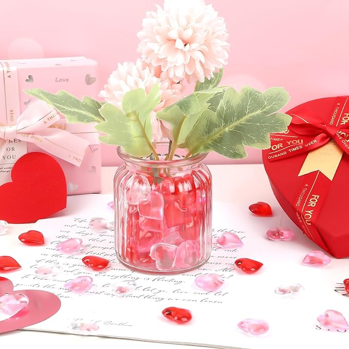 JUNEBRUSHS 120 Pcs Acrylic Red Pink Heart, Valentines Day Decorations Hearts Ornaments Red Pink Heart Shaped Gems Vase Filler for Valentine's Day Wedding Home Table Decor