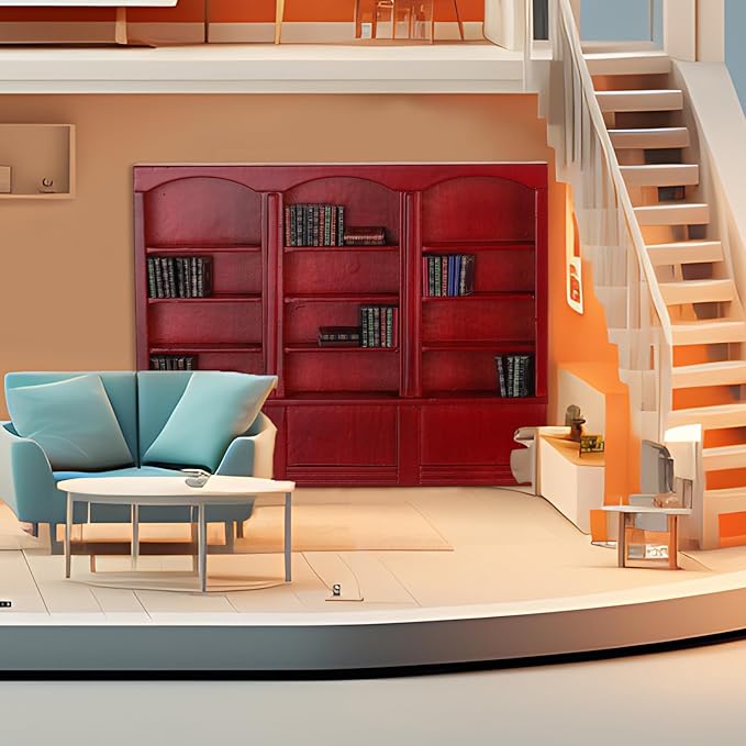 1:12 Scale Dollhouse Miniature Wooden Bookshelf with 48 Pcs Miniatures Books, Mini Bookcase Tiny Books for Dollhouse Mini Library Furniture Christmas Decoration Gift(Red)