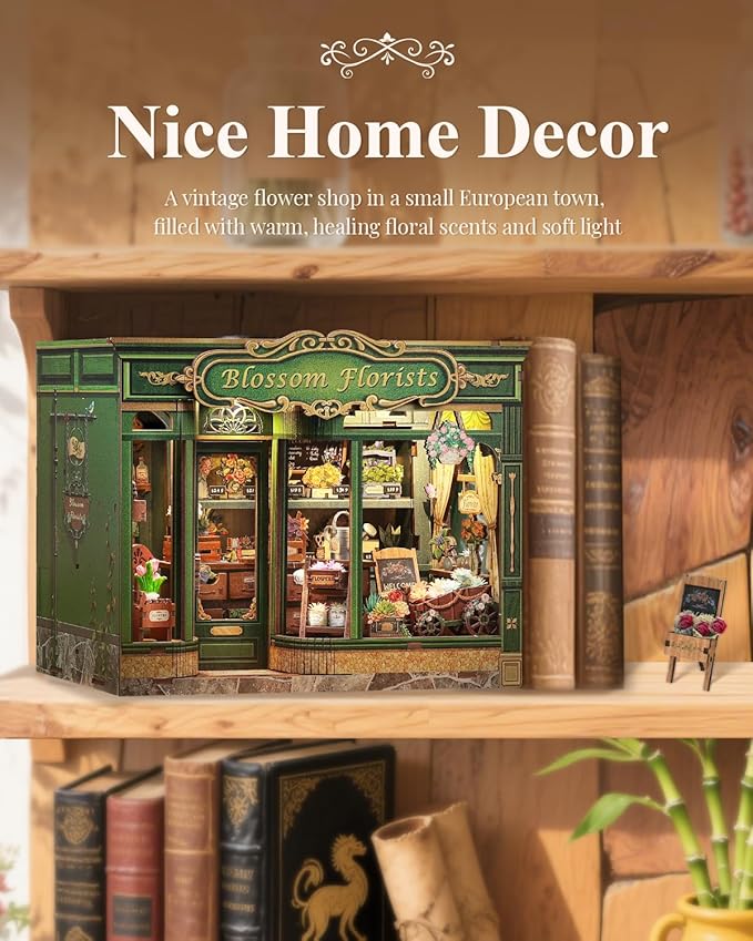 Cutefun Book Nook Kit - DIY Miniature Flower Shop Booknook Kits for Adults and Teens, 3D Wooden Puzzle Bookend Bookshelf with LED Light, Gifts for Family and Friends (Blossom Florists)
