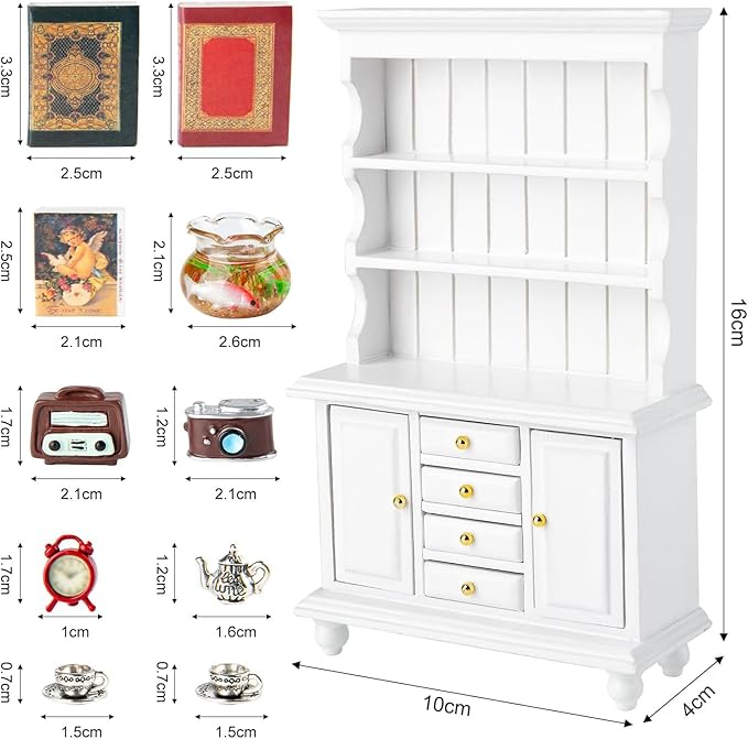 1/12 Dollhouse Cabinet Set, 11Pcs Dollhouse Miniature Wooden Bookshelf with Accessories (Alarm Clock, Fish Tank, Books, Coffee Cups) for Living Room,Dining Room,Study and Other Scenes
