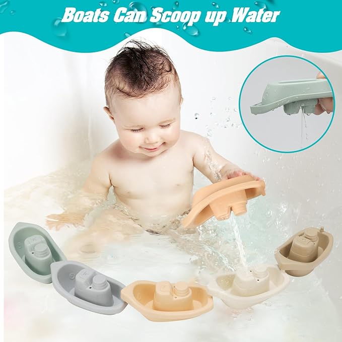 HYSZXUS Bath Toys Floating Boats with Silicone Bathtub Toy,9 PCS Mold Free Baby Bath Toys for Infants 6-12-18 Months,Water Table Toy for Toddlers 1-3,Shower Toys Pool Toys for 1 2 3 4 Boys Girls Kids