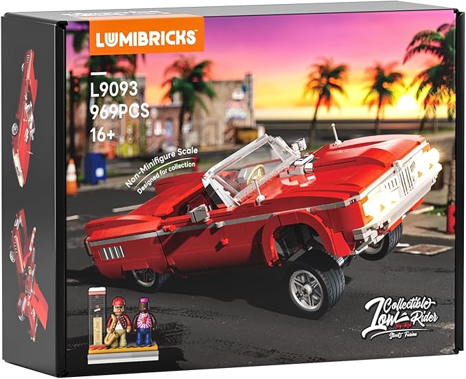 Low Rider Big Red Car Building Bricks Set - Street Fusion Vehicle Engineering Lighting Model Modular Collection Kit 969 Pcs for Adults & Teens & Car Lovers