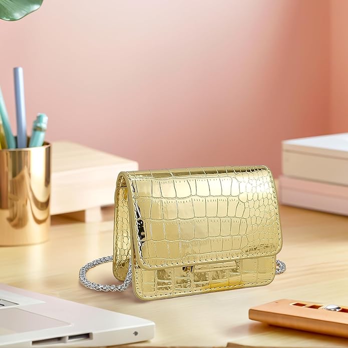 NovaKnot Metallic Mini Crossbody Purse, Evening Clutch Bag with Removable Chain Strap, Small Purse for Women, Not for Phones