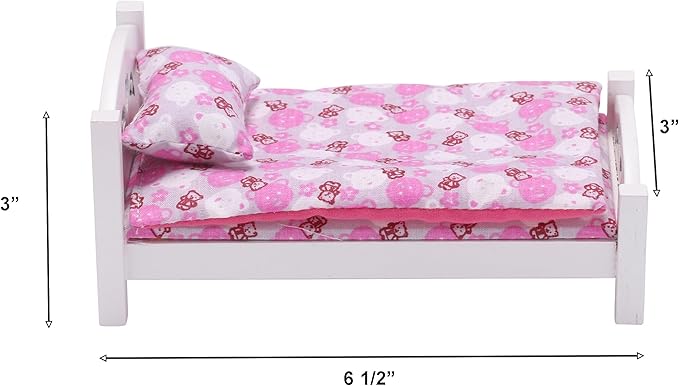 Dollhouse Furniture mini Kid’s Bed Set, Realistic Bedroom Accessories for 6 inch Dolls, Pink Bedding, White Wood, 1/12 Scale