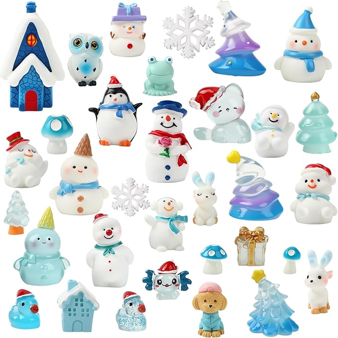 56Pcs Mini Winter Resin Figurines,Miniature Blue Snow Globe Figures Tiny Snowman Penguin Snowflake Duck Elk Christmas Tree for DIY Crafts Fairy Garden Home Decor