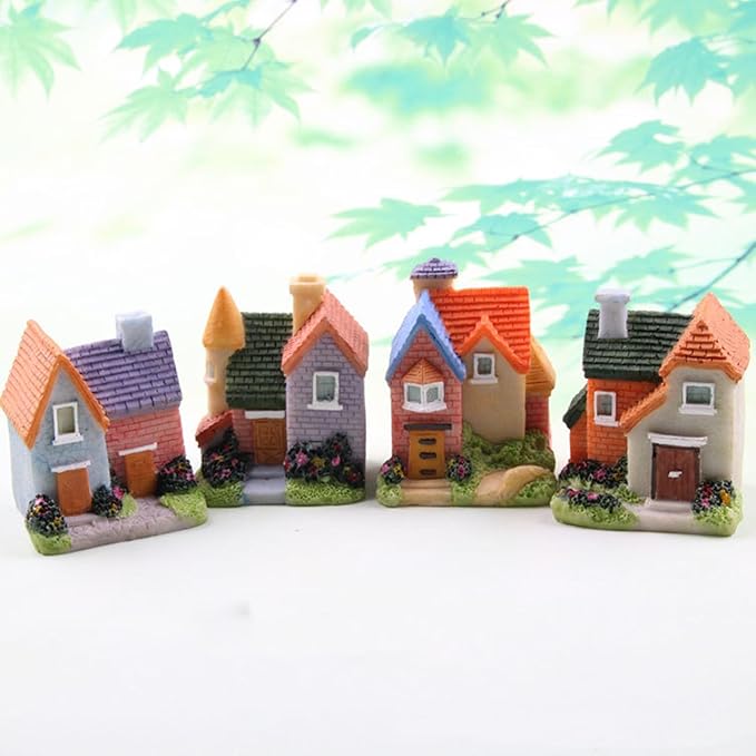 Avtytsda Resin Miniature House 4PCS Miniature House Fairy Gardening Micro Landscape Village Stone House Bonsai Terrarium Crafts Ornaments Accessories Home Decoration (B)