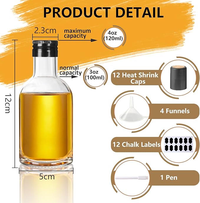 BPFY 12 Pack 3 oz Glass Small Liquor Bottles with Black Screw Caps and Heat Shrink Capsules, Empty Mini Alcohol Bottle, Whiskey Sample Bottles for Wine, Alcohol, Tequila, Bourbon