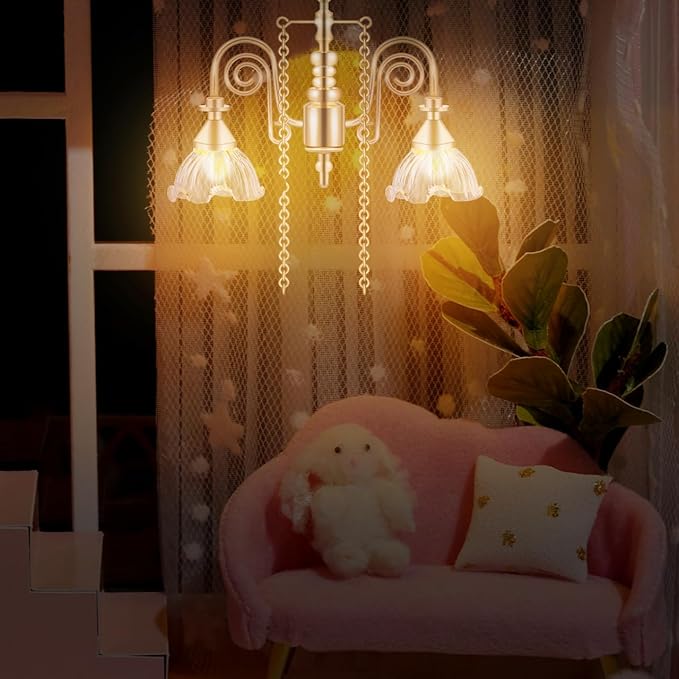FRCOLOR Dollhouse Miniature Chandelier, Gold Double-Head Floral Ceiling Light Battery Operated for Dollhouse Lighting Decor Accessories, Tiny Ceiling Lamp for Miniature Furniture Scenes 1:12 Scale