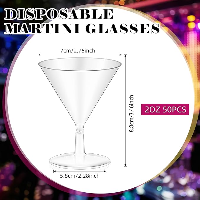 Yinkin 50 Pcs 2 oz Plastic Martini Glasses Disposable Clear Cocktail Dessert Parfait Glasses Unbreakable Mini Martini Cups for Wedding Party Bowl Wine Ice Cream (Stem)