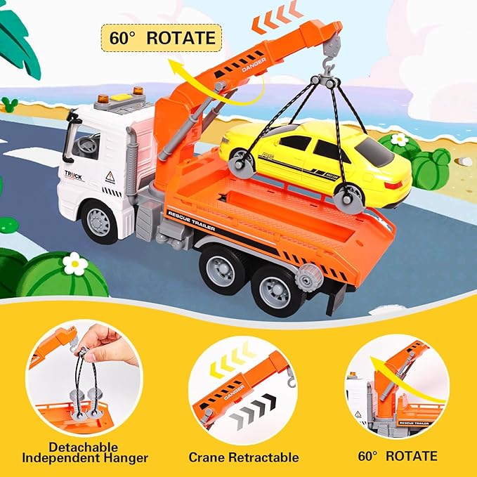 11" Kids Tow Truck Toy, Friction Powered Transport Truck with Racing Car, Traffic Signs, Sound and Lights for Boys & Girls Age 3-7 8 9 10 Year Old