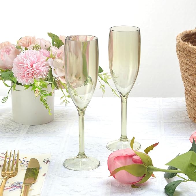 XUWAIDSGN 10 Pcs Reusable Champagne Flutes Plastic Wine Glasses Bulk Vintage Champagne Flutes Mimosa Bar Glasses Stemmed Drinking Cups 5.4OZ for Christmas Birthday Wedding Bride